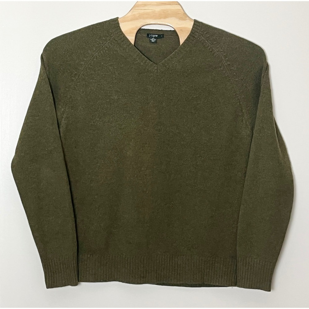 J.Crew Lambswool V-Neck Sweater Mens Large Olive Green Raglan Knit Military